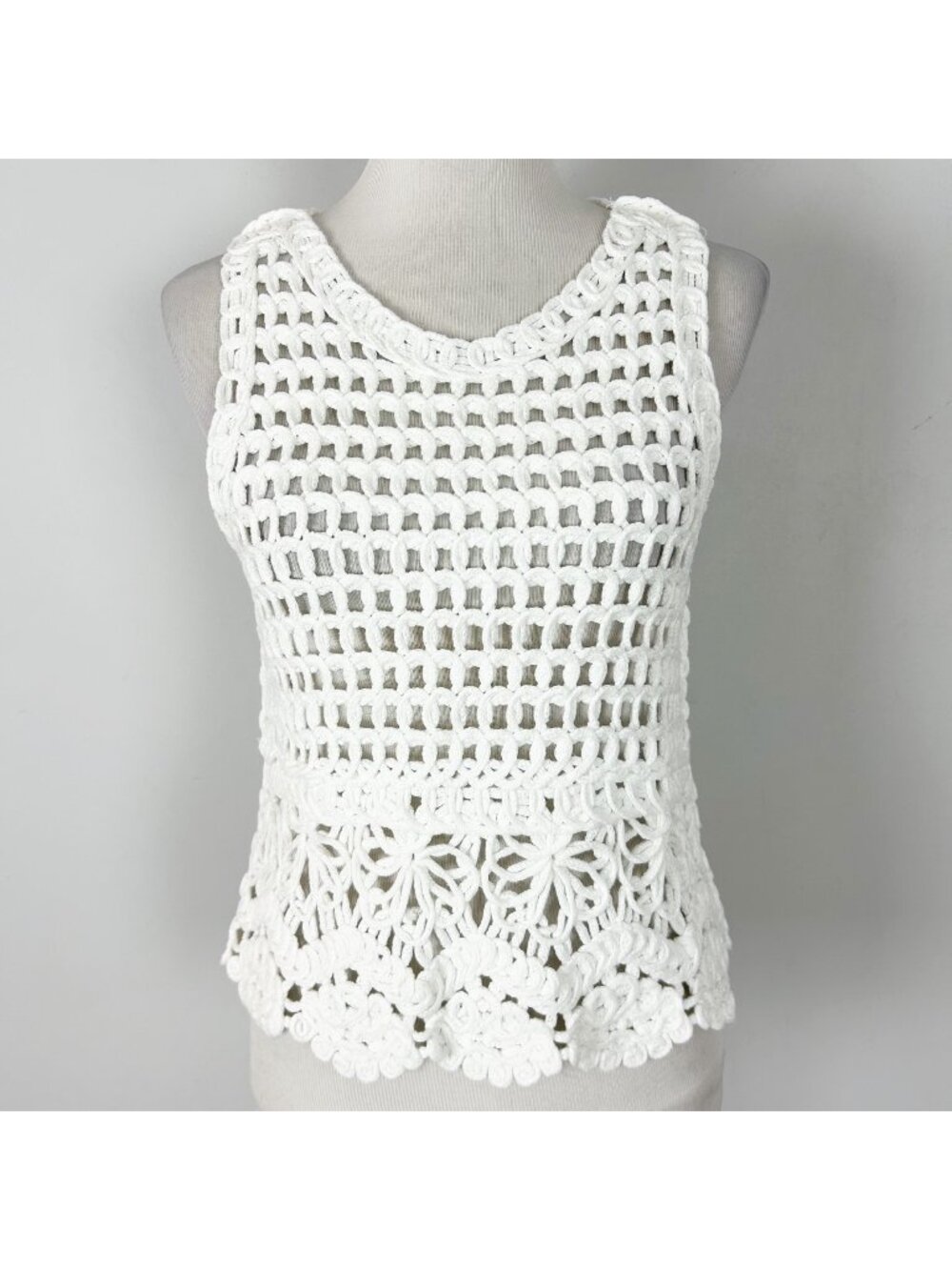 Ultra Pink White Open Knit Crochet‎ Tank Top Beach Coastal Size Small Women's